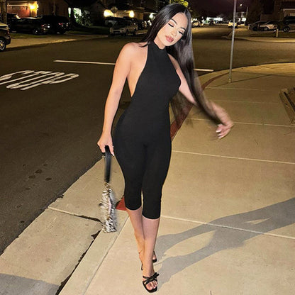 Women's Solid Color Sleeveless Halter Backless Sexy Slim Fit Bodysuit