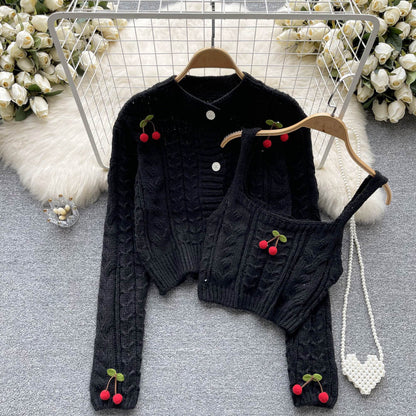 Long Sleeve Knit Sweater Cardigan Jacket Short Style Halter Vest