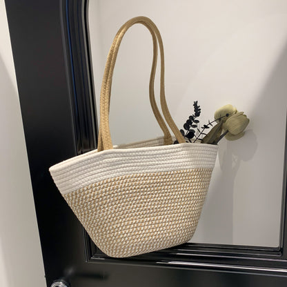 Spring Contrast Color Straw Bag Large Capacity