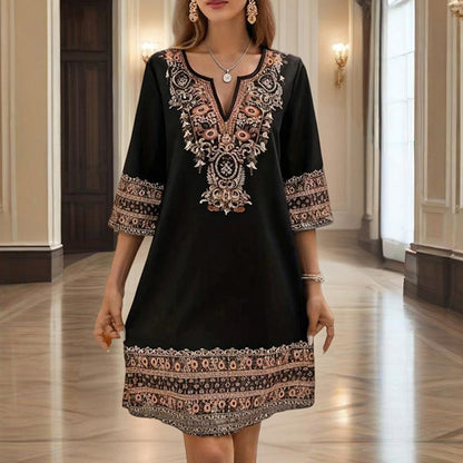 Women's V-Neck Middle Eastern Style Floral Print Midi Dress - Elegant Sleeve Design Lightweight Perfect For Spring&Summer Vacation & Daily Wear