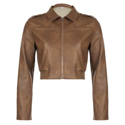 Solid Color Zipper Small Loose Lapels Fashion American Leather Coat Women's