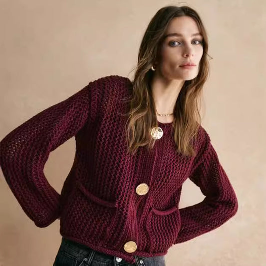 Fashion Round Neck All-matching Basic High-grade Thick Needle Cardigan For Women