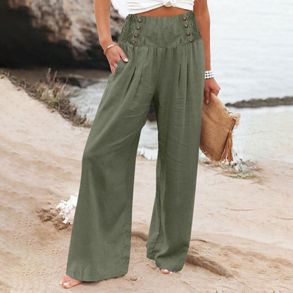 Spring And Summer Casual Elastic Waist High Waisted Women's Wide Leg Cotton Linen Loose Pants