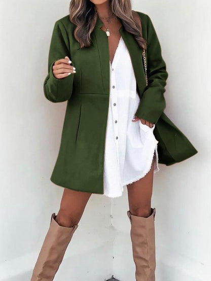 Clean Color Slim Long Sleeve Pocket Woolen Women's Coat