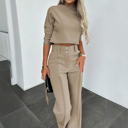 Women's Elegant Solid Color Half Sleeve Short Top With Straight Leg Pants Two-Piece Office Wear Suit With Pockets