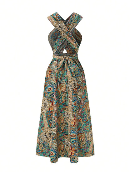 Women Print Maxi Dress High Waisted Cross Halter Neck With Tie Detail,Flowing Vacation Gown In Teal, Blue-Green & Brown Paisley   Pattern, Machine Washable, Summer Fashion Decorative Tie Detail