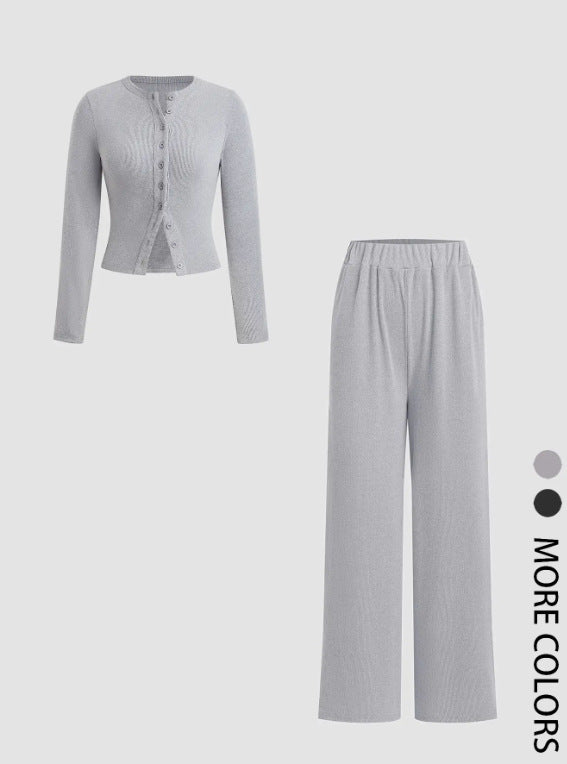 Casual Slim-fit Buttoned Long Sleeve Wide Leg Pants Suit