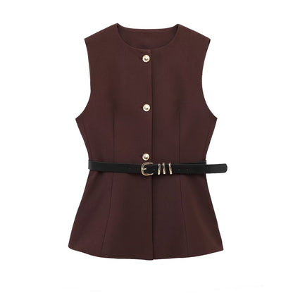 Belt Simple Sleeveless Shirt Bandage Dress Waist-tight Vest