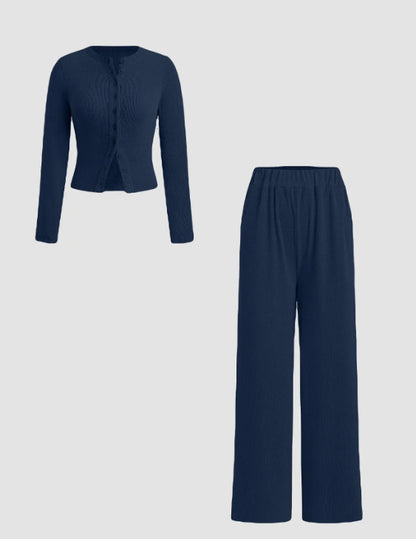 Casual Slim-fit Buttoned Long Sleeve Wide Leg Pants Suit