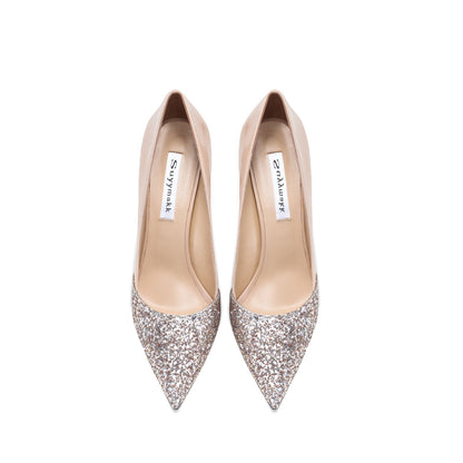 Women's Leather Stitching Gold Sequins High Heels