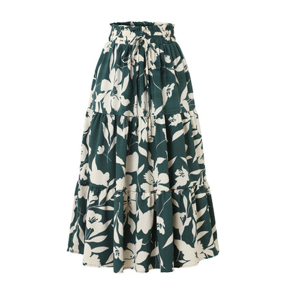 European And American Printed A- Line Skirt Pleated Skirt Women