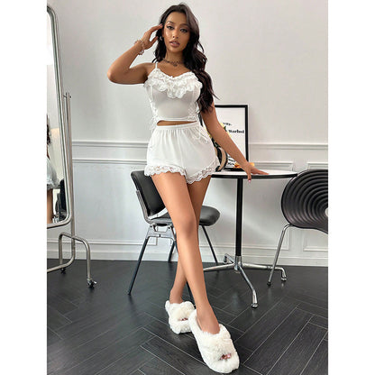 Europe And America Cross Border Ladies' Homewear Solid Color Sexy Lace Lace Spaghetti-strap Summer Sexy Sleepwear Shorts Two-piece Set