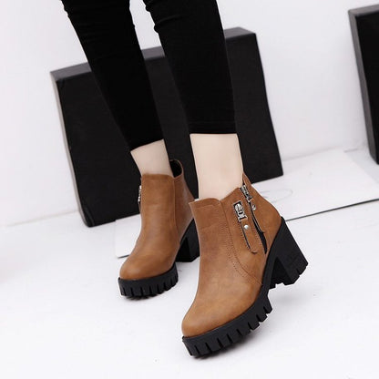 Mid-heel Chunky Heel Round Toe Temperament Side Zipper Short Boots