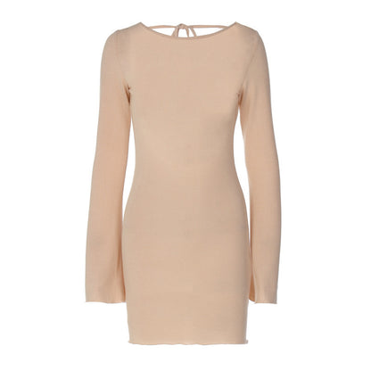 Solid Color Ribbed Long Sleeve Sexy Backless Slim Fit Dress