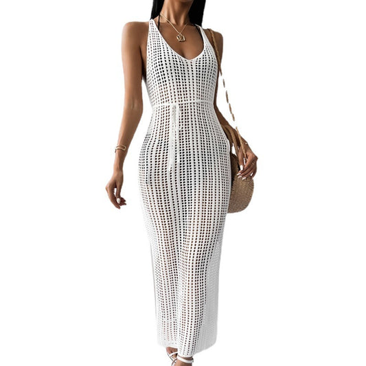 Beach Casual Solid Color Knitted Sling Knitted Hood Dress Women