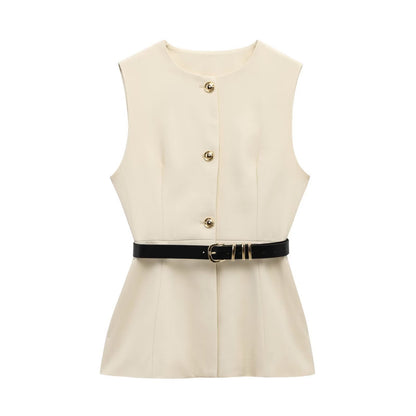 Belt Simple Sleeveless Shirt Bandage Dress Waist-tight Vest