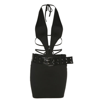 HTH 6006B Lace-up Halter Halter Sexy Belted Dress