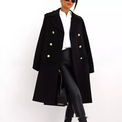 Simple Double Breasted Woolen Coat For Women