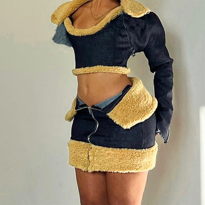 Women's Denim-piece Woolen Long Sleeves Coat Lace-up