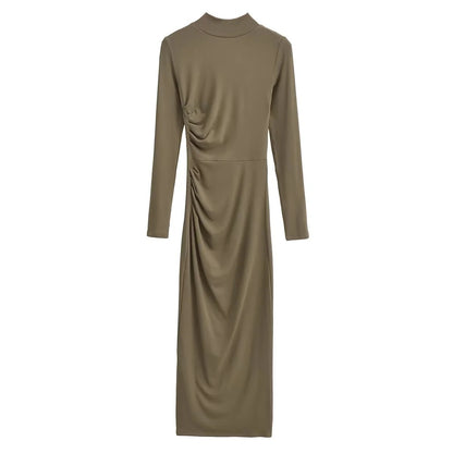 Women's Fashion Pure Color Half Collar Slim-fit Long-sleeved Dress