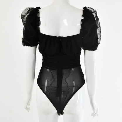 Mesh cutout princess sleeve slim bodysuit