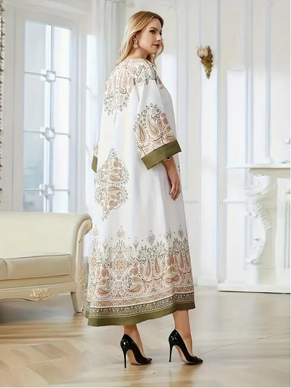 Elegant Floral Print Long Sleeve Abaya Dress