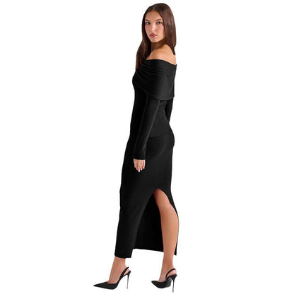 Women's Off-shoulder Collar Long Sleeve Off-shoulder Split Dress