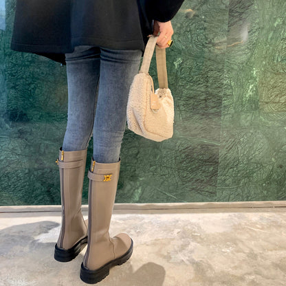 Gold Buckle Plus Velvet Thick Round Toe Thick-soled Thick Heel Long High Barrel Knight Boots