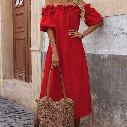 Women's Fashionable Off Shoulder Ruffle Trim Slit Dress