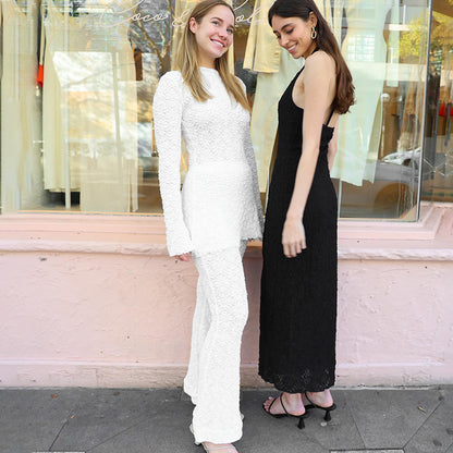 Solid Color Round Neck Long Sleeve Top High Waist Pants Suit