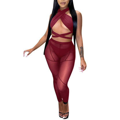 Women's Hollow Halter Cross Mesh Panel Three Piece Set