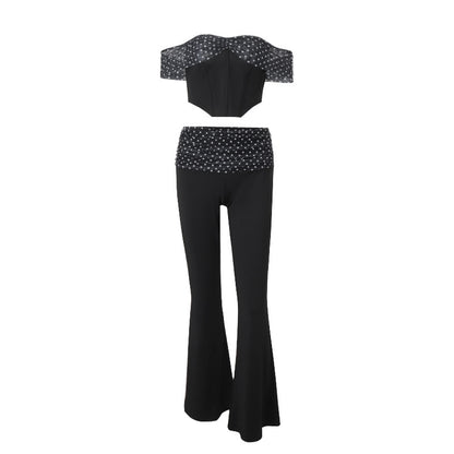 Retro Off-the-shoulder Top Low Waist Slim Flare Pants Suit