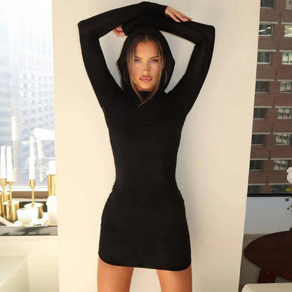 Short Skirt Women's Solid Color Long Sleeve Hooded Dress