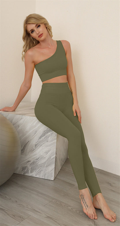 Seamless Yoga Fitness Moisture Wicking Sports Sexy Slanted Shoulder Running Set