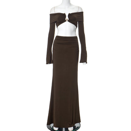 Off-shoulder Midriff-baring Long Sleeve Long Dress Suit