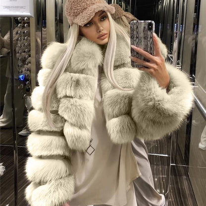 Lapel Imitation Fox Fur Long Sleeve Stitching Women's Light Luxury