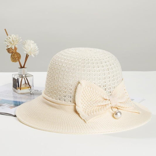 Hat Pearl Summer Women's Breathable Foldable Pearl Bow Sun Protection