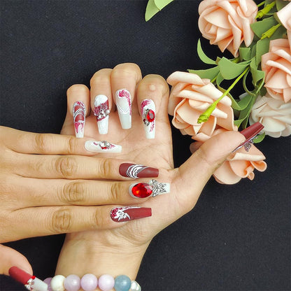 GGddsha New Shiny Crystal Long Press On Nails WithDiamonds Reusable PMA Acrylic Handmade Nails FullDeluxe 3D Crystal Fake Nails W Box Gift For Women,Suede Scarlet