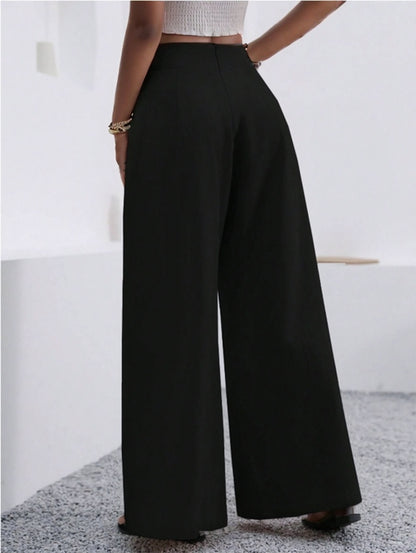 Solid Color Loose Wide Leg Elegant Pants With Pocket