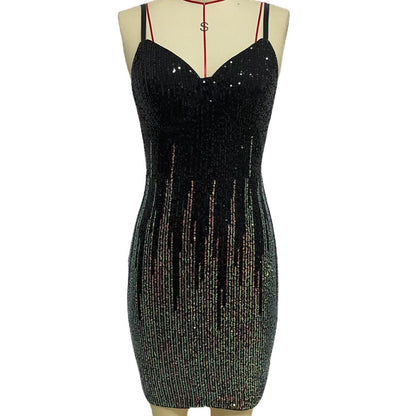 Hem Colored Beads Slim Strap Backless Dress