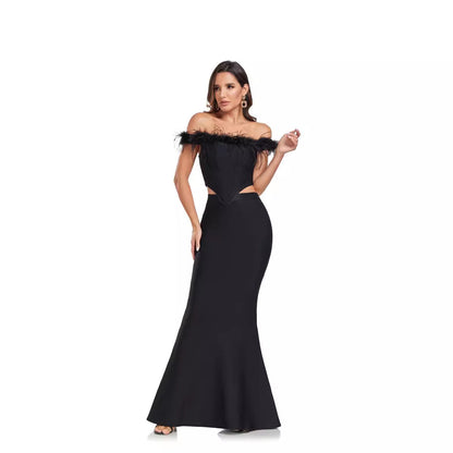 Ostrich Feather Off-shoulder Fishtail Dress Two-piece Set