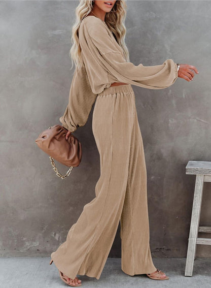 Women's Round-neck Long Sleeve Short Top And Wide Leg Pants Suit