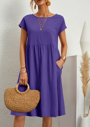 Summer OL Style Women's Solid Color Cotton Round Neck A-line Skirt Mid Length Dress