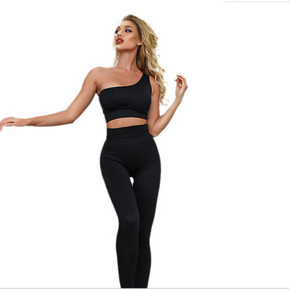 Seamless Yoga Fitness Moisture Wicking Sports Sexy Slanted Shoulder Running Set