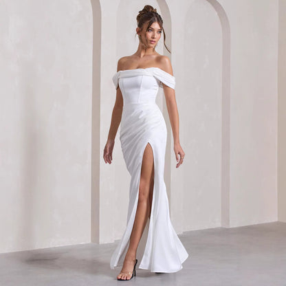 Solid Color Backless Off-shoulder Slit Pleated Fashion Sexy Dress