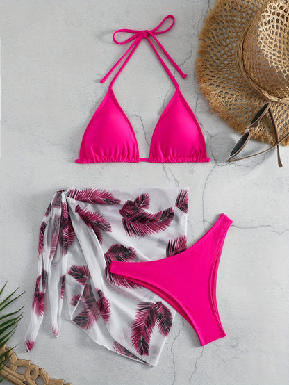 Bikini Three-piece Swimsuit Solid Color Swimsuit Printed Gauze Skirt