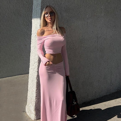 Off-shoulder Top Mid-length Dress Set Women