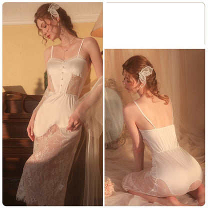 Long Lace Suspender Nightdress Lace Up Women's Home Clothes Suit