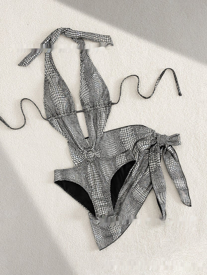 Beach Hot Spring Serpentine V-neck One Piece Swimsuit Lace-up