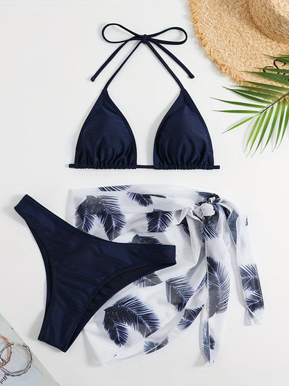 Bikini Three-piece Swimsuit Solid Color Swimsuit Printed Gauze Skirt